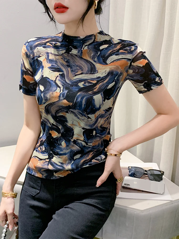 

Winsleter Streetwear TShirt Short Sleeve Tees Women Sexy Turtleneck Hot Drill Floral Print Slim Mesh Tops Autumn T38347JM