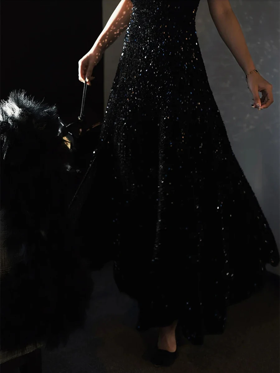 REDDACHiC Sparkle Party Black Dress Women Cami V-neck Backless Split Flowy A-line Maxi Long Dress Luxury Prom Cocktail Ball Gown