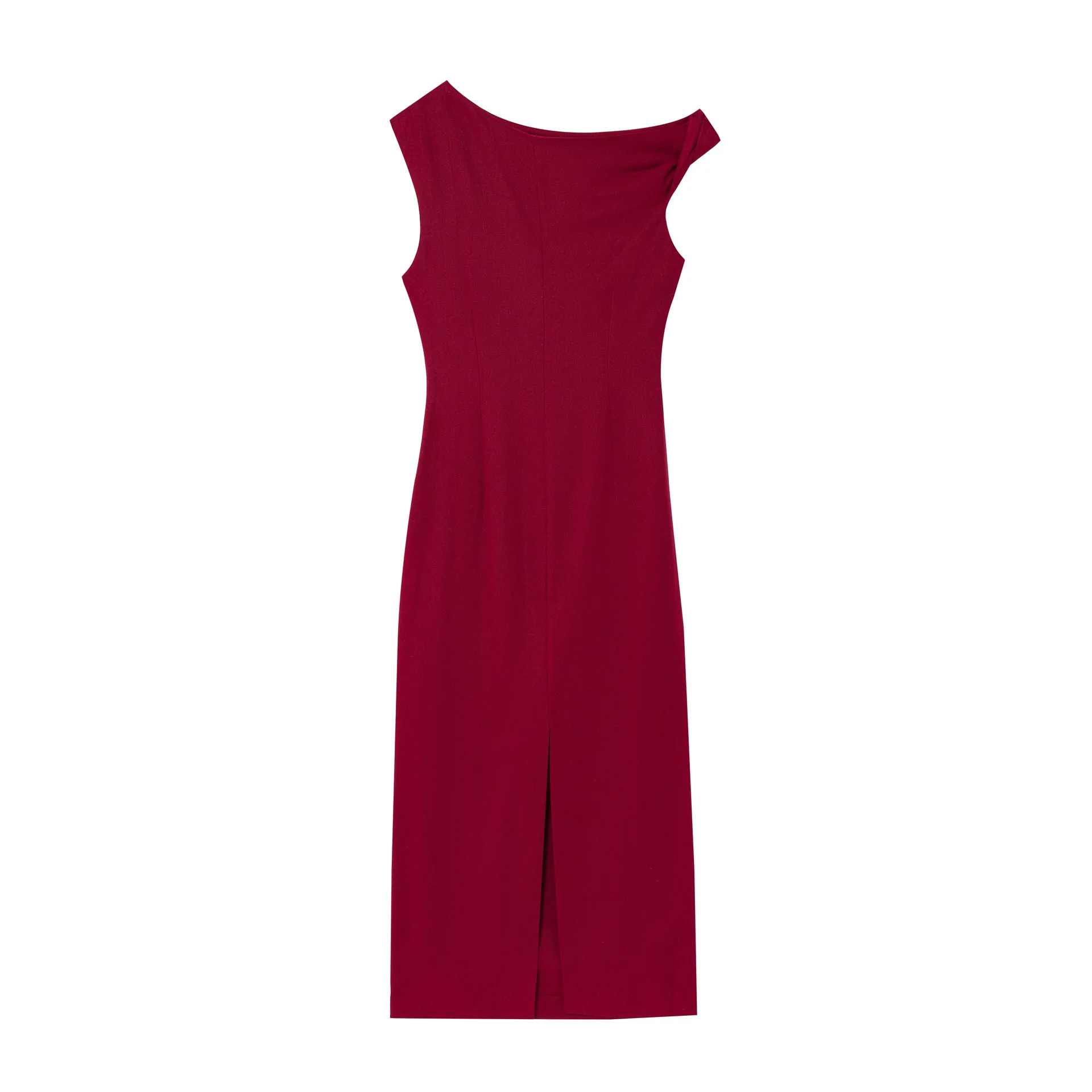 Women's Pleated Asymmetric Evening Dress Retro Slim O-neck Sleeveless High Waist Side Zipper Slit Dress Summer New Chic Top