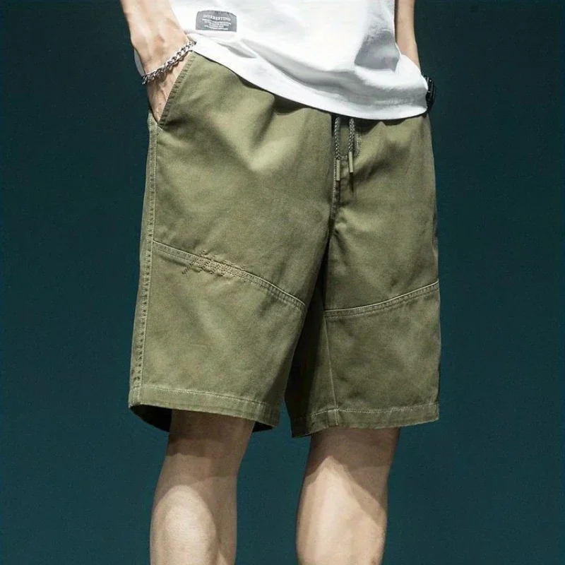 With Pockets Men's Cargo Shorts Draw String Half Baggy Solid Bermuda Male Short Pants Elastic Waist Loose Long Wide Summer Y2k