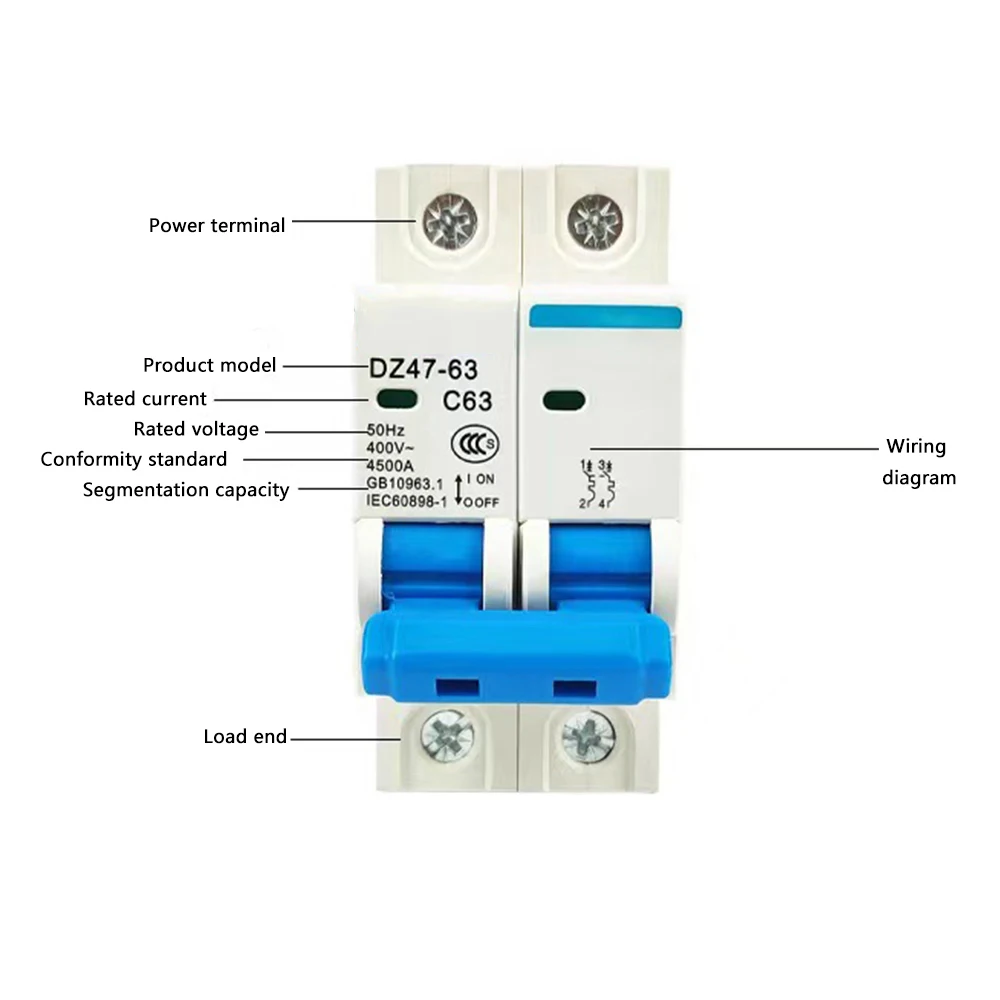 2P AC 400V Mini Circuit Breaker 6A 10A 16A 20A 25A 32A 40A 50A 63A MCB for PV System Air Switch