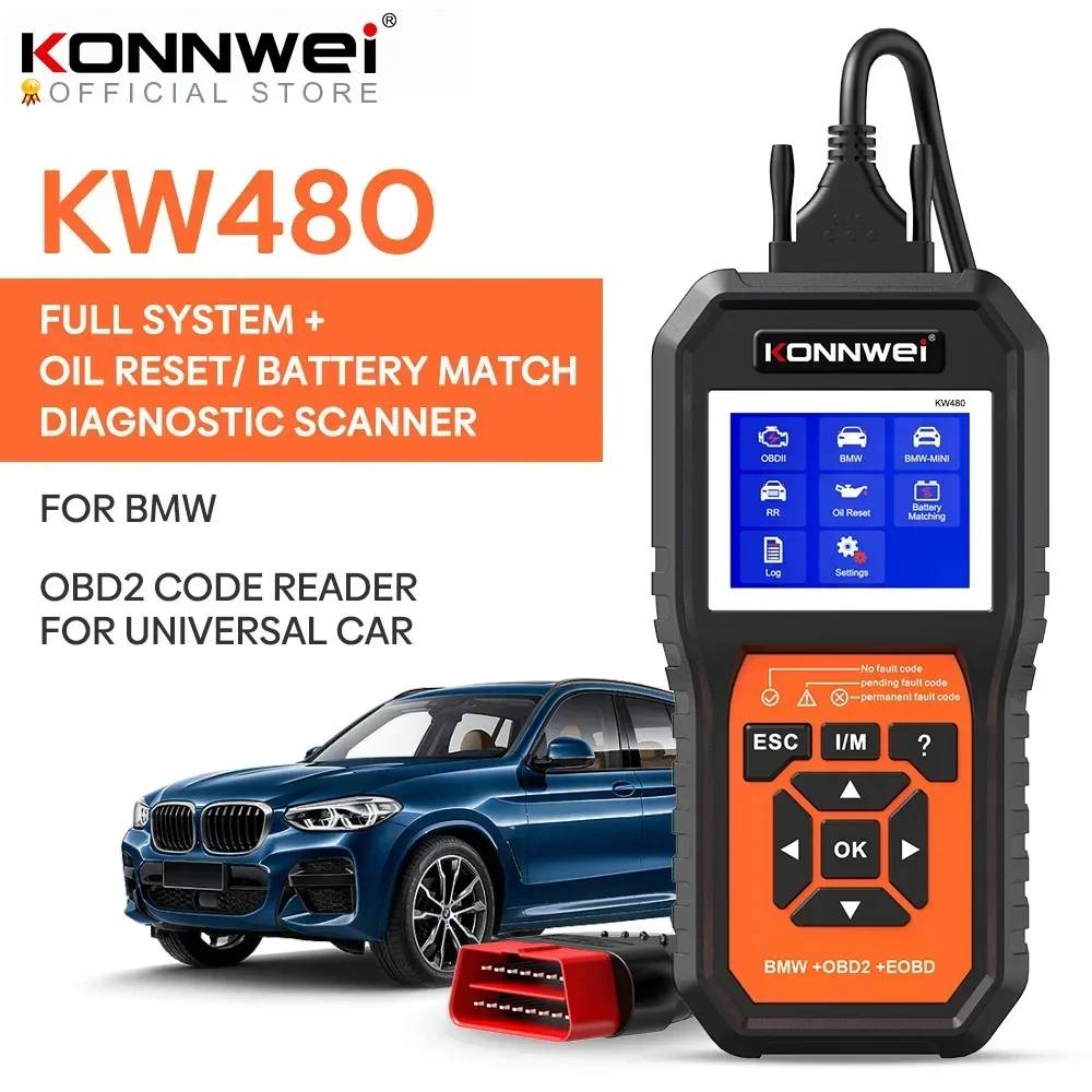 KONNWEI KW480 Obd2 Scanner for BMW Cars  Obd 2 ABS Airbag  SRS Oil  REST  Full Systems Diagnostic Tool Battery Match E38 E46