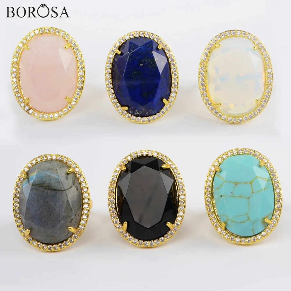 BOROSA 7Pcs Golden Plated Bezel Labradorite Lapis Ring Vintage Multi-kind Natural Stone Rings for Women Minimalist Jewelry