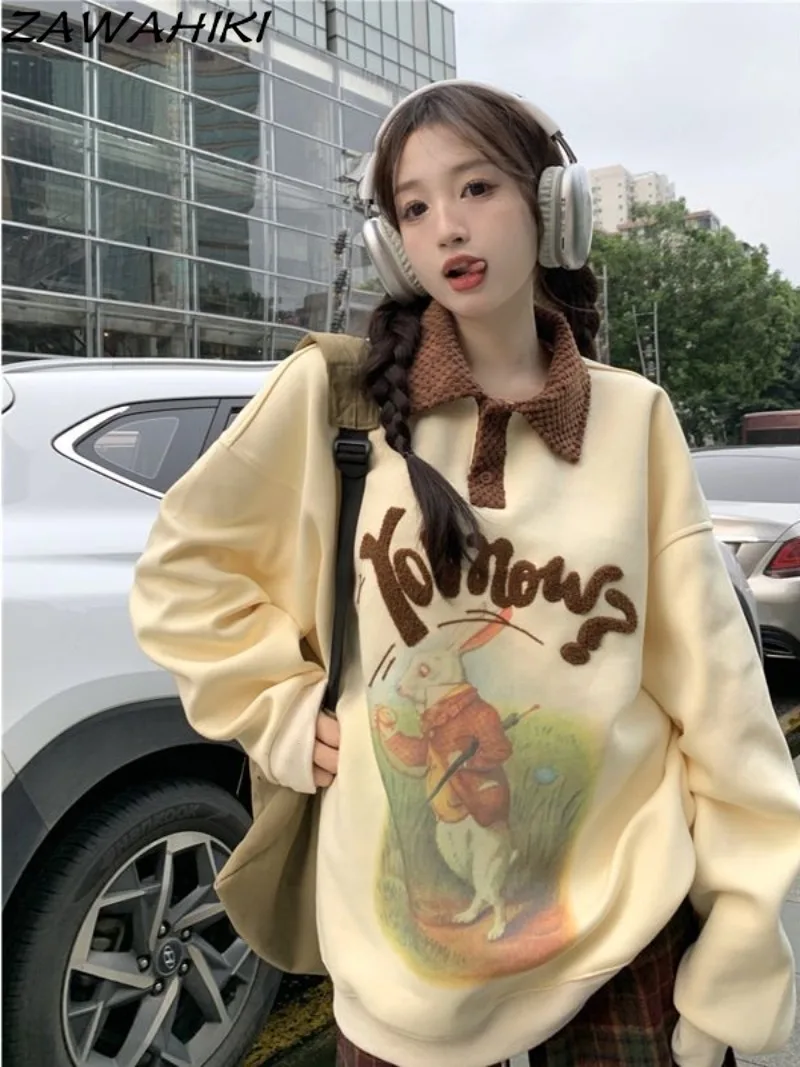 

ZAWAHIKI Sweatshirts Women Loose Patchwork Contrast Color Casual Cartoon Print Chic Top Sudaderas Para Mujer Y2K Vintage Fashion