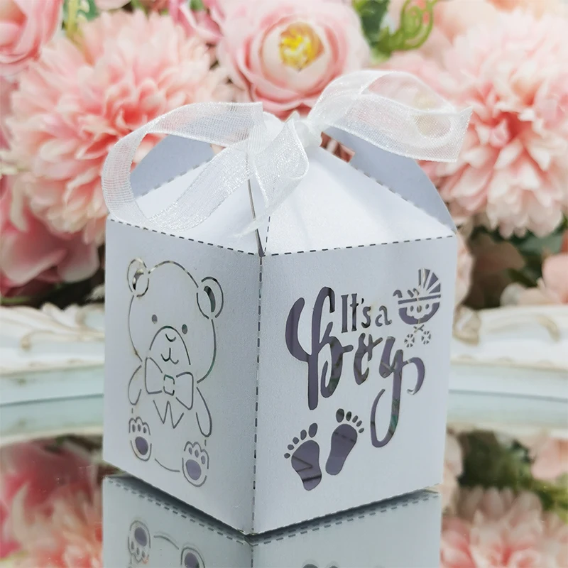 100pcs Cute Teddy Bear Candy Box For Baby Shower Boy Paper Treat Goodies Bag Favor Gift Boxes Gender Party Decorations Supplies