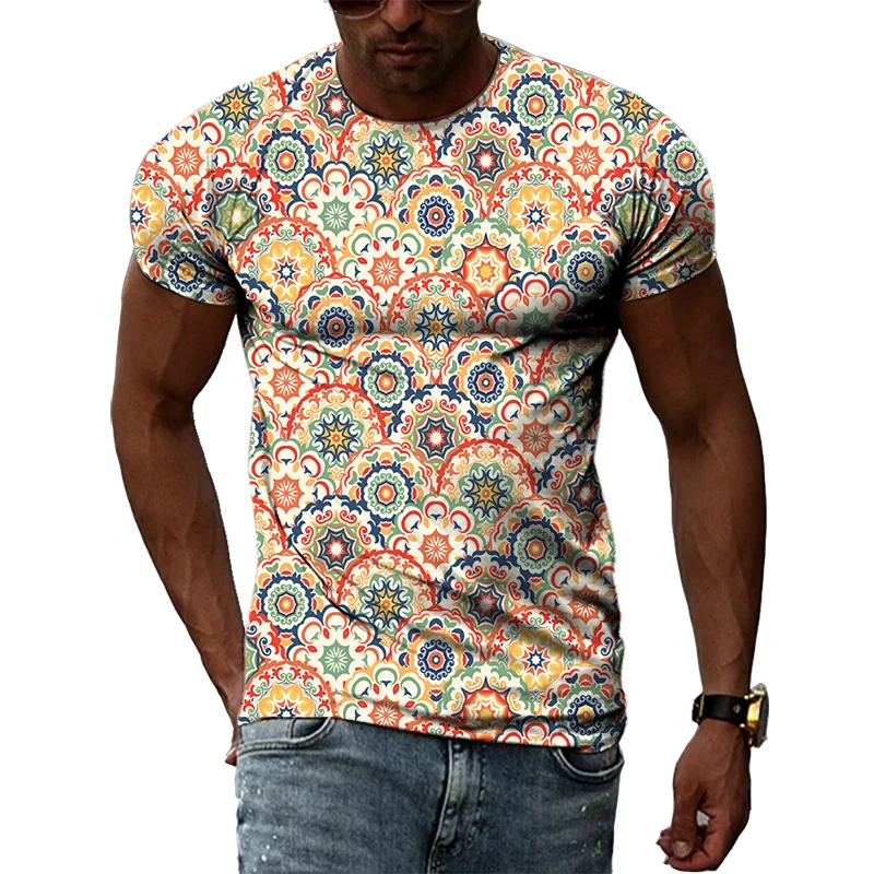 Summer New Ethnic Style original men\'s shirts Fashion Unisex Casual Printed Tees Personality Oversized O-neck Short Sleeve Tops