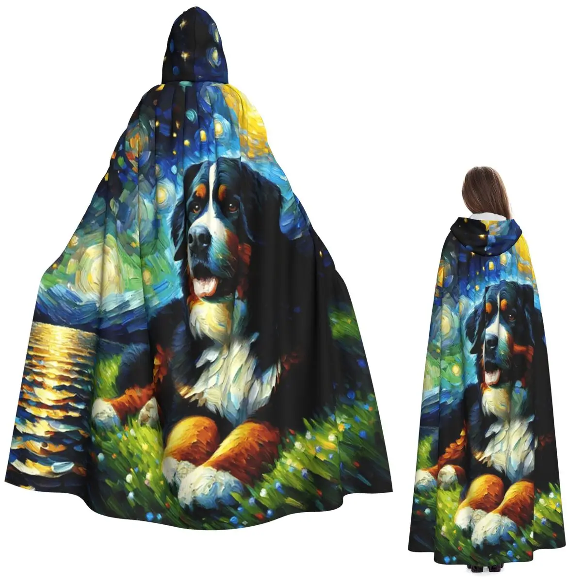 

Звездная ночь Бернский зенненхунд Ван Гог любовник длинный плащ с капюшоном ведьма средневековый костюм косплей накидка Хэллоуин вечеринка для взрослых