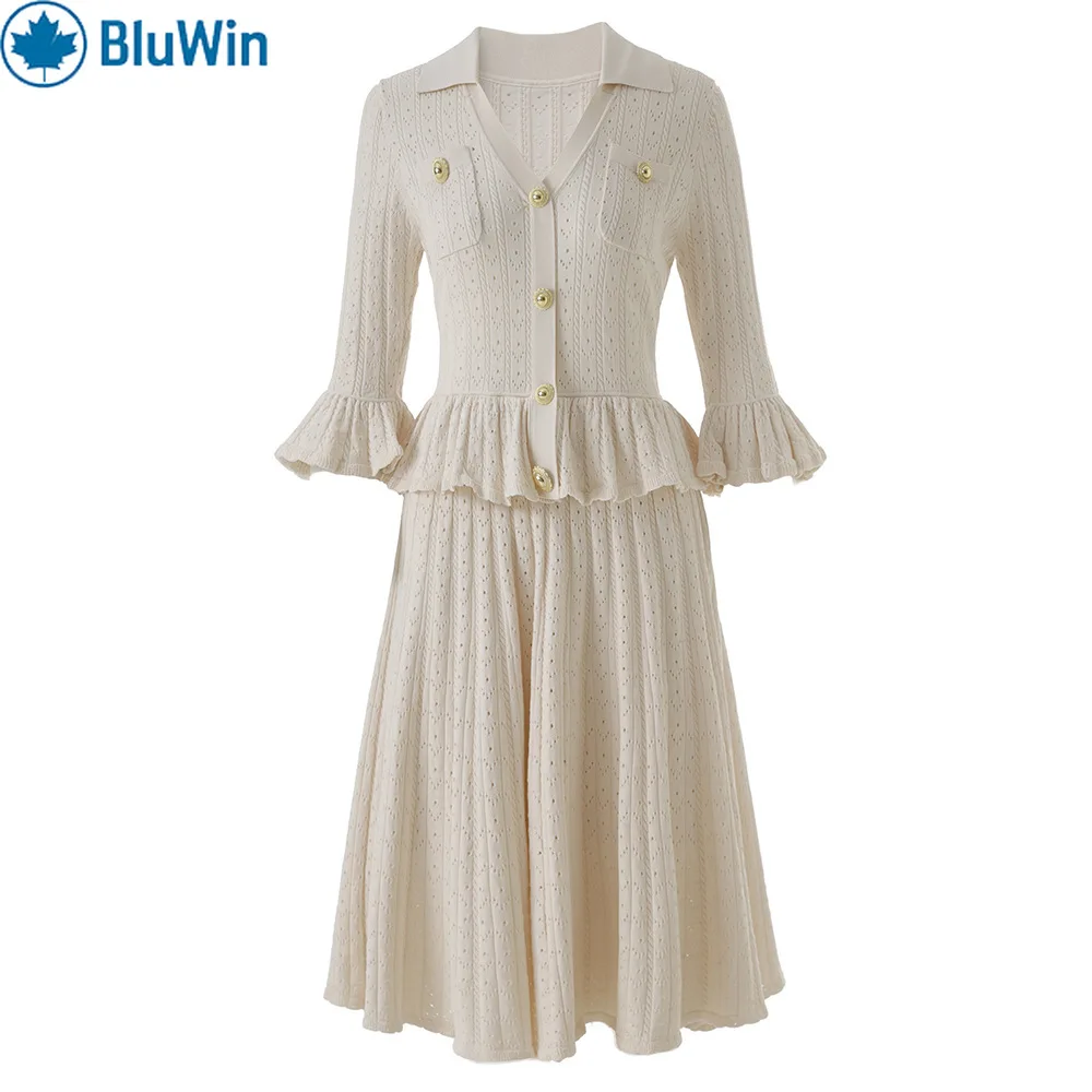 

BluWin Elegant Sweater Dress Peplum Waist Pocket Flaps Button Front Fit & Flare Knit Long Sleeve Party Outfit Cream