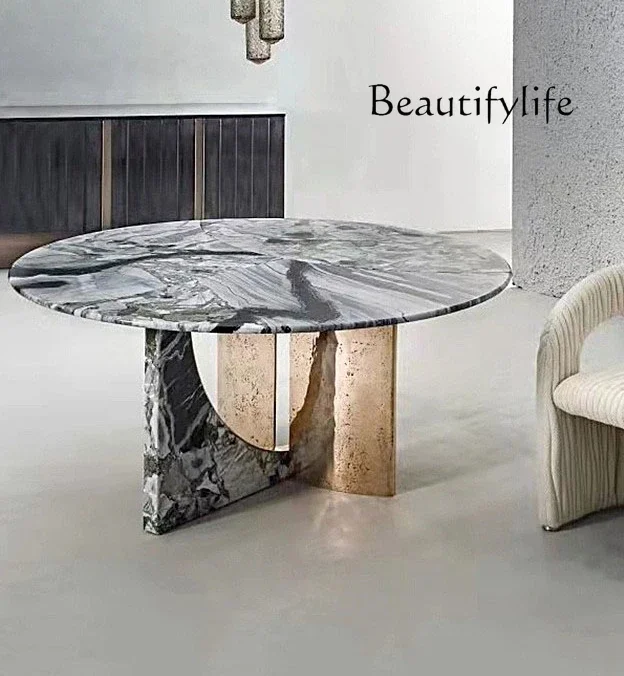 Italian round marble dining table villa restaurant home light luxury designer art revolving dining table