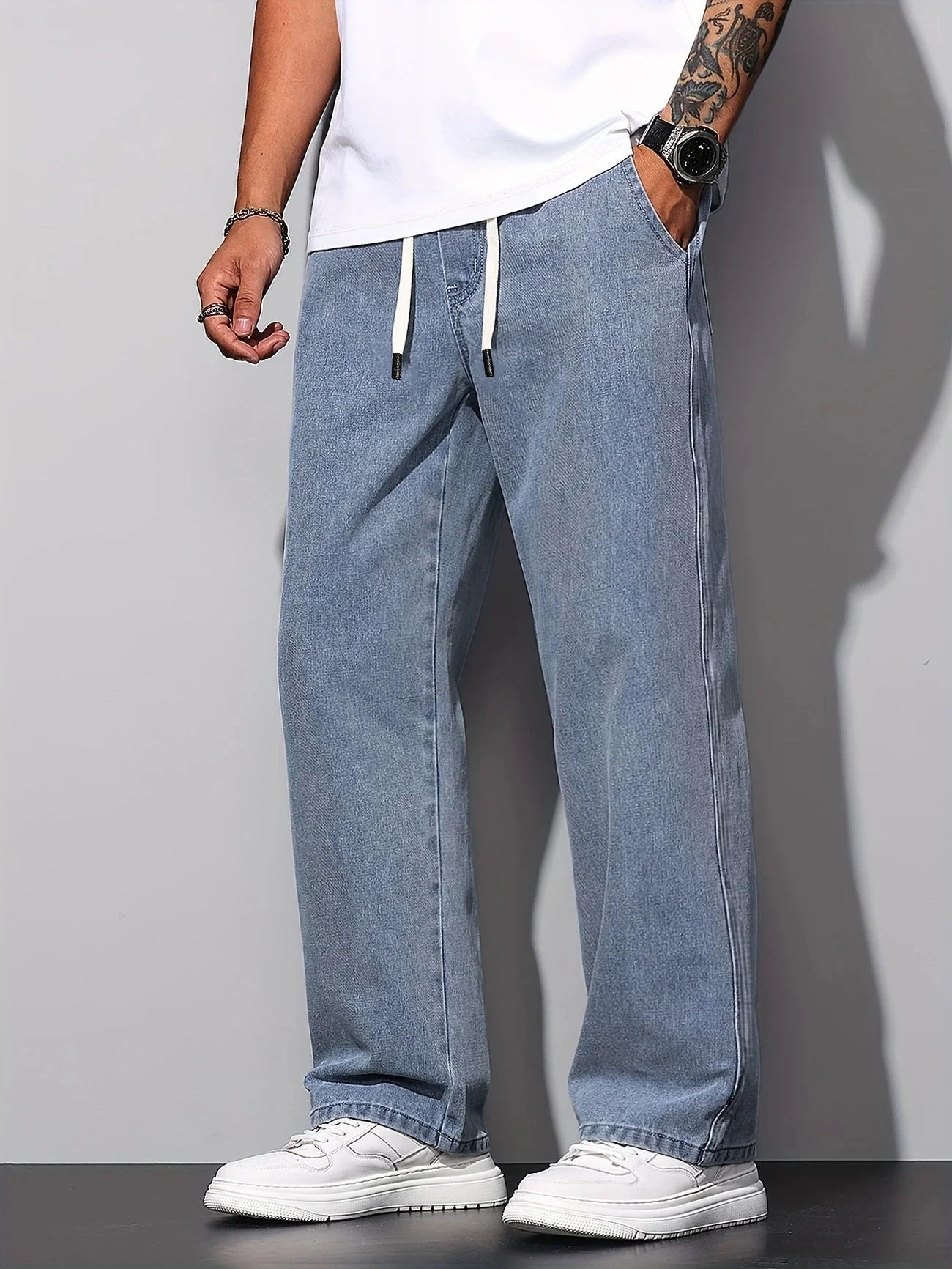 

Мужские повседневные джинсы прямого кроя, свободные джинсовые брюки, можно стирать в машине и вручную, для любого сезона, на каждый день, в уличном стиле