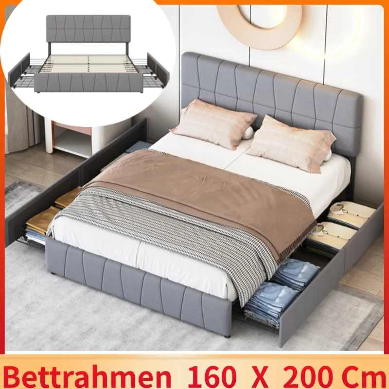 Double bed 160x200 cm with adjustable headboard and 4 drawers - Upholstered bed- Grey - Metal - Slatted