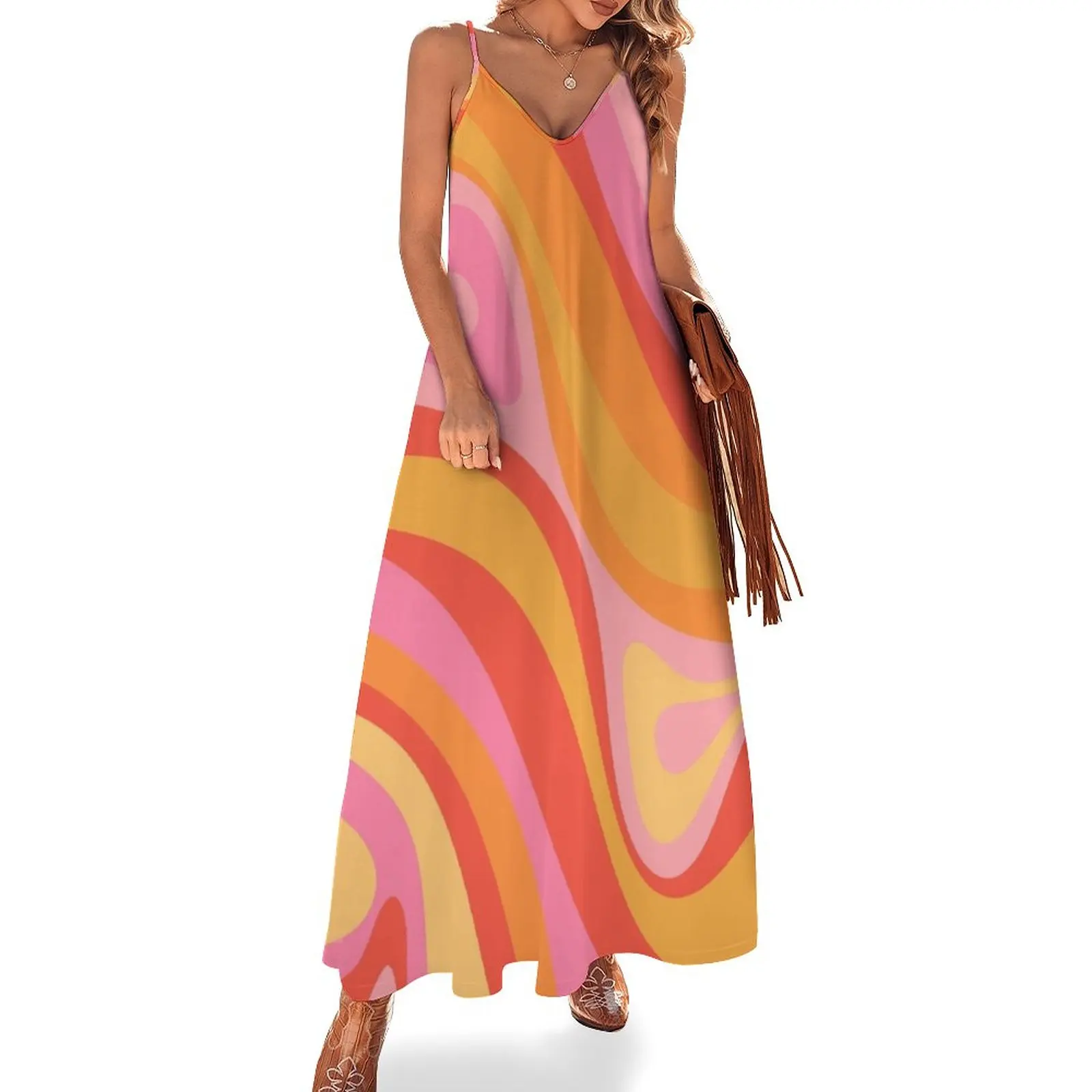 

Groove Retro Swirl Abstract Pattern Pink Orange Yellow Sleeveless Dress women evening dress elegant guest wedding dress