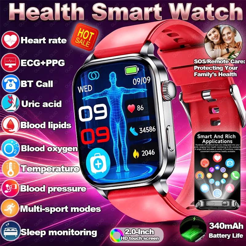 2026 Heart Rate ECG+PPG Smart Watch Body Temperature Blood Pressure 2.0-inch HD Large Screen IP68 Waterproof Health Smart Watch