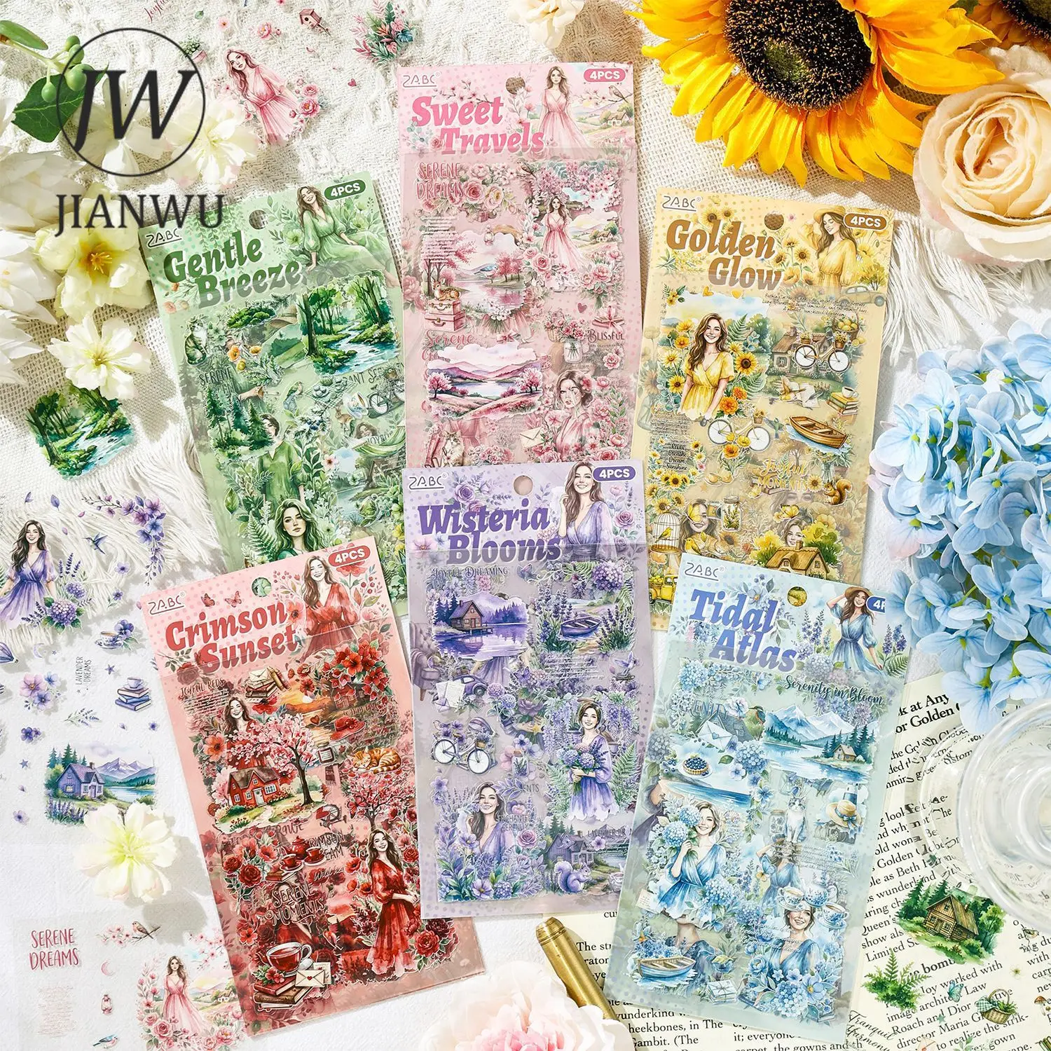 JIANWU Fangye Qilv Series Vintage Plant Flower Character Landscape Material Collage PET Sticker Creative DIY Journal Stationery