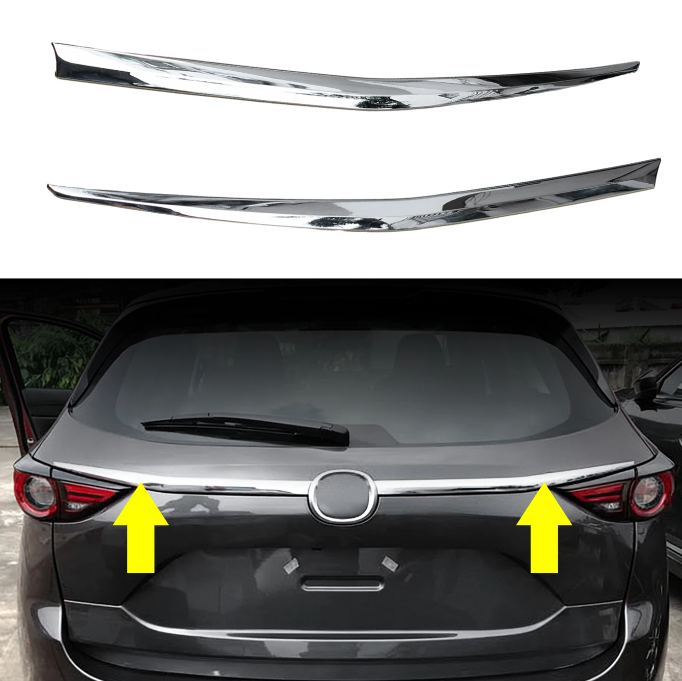 

Для Mazda CX-5 2017-2021: Хромированные накладки на заднее стекло и багажник, декоративные молдинги, рамка