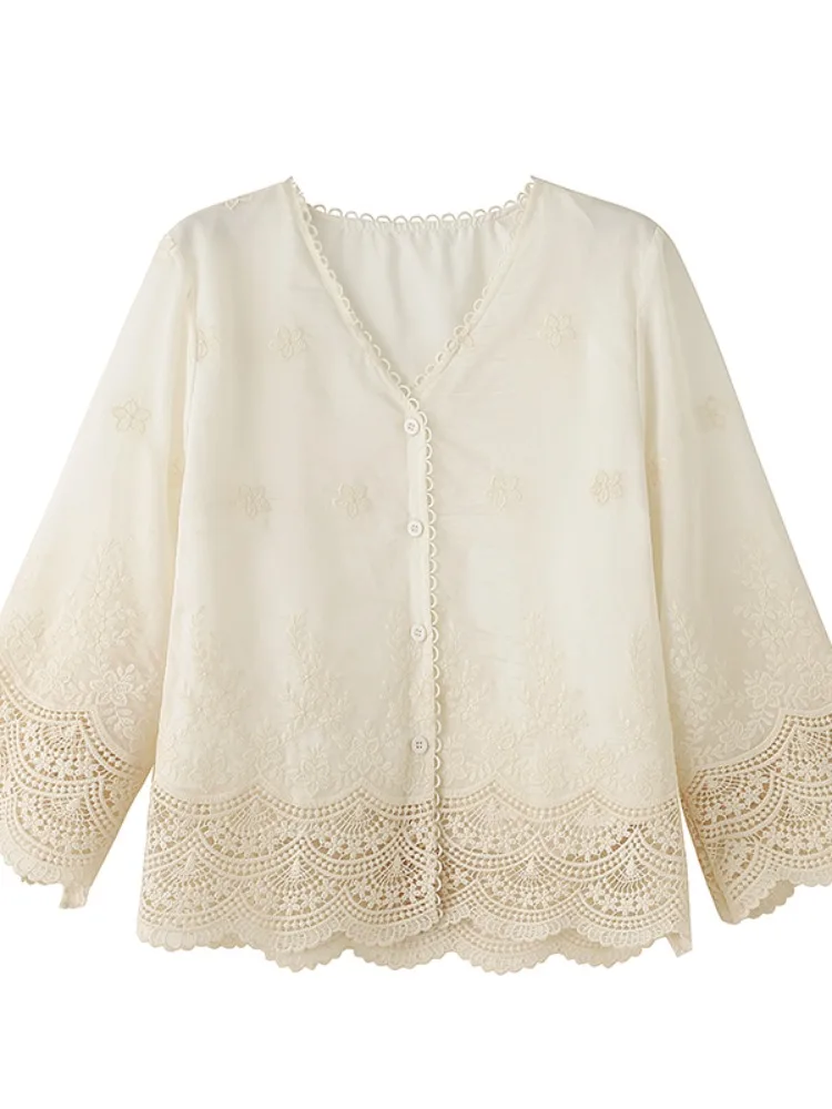 الدانتيل V-ne 3/4 Sve irt المرأة الصيف حجم كبير فضفاض Age-defng حماية من الشمس تكييف الهواء العصرية #5