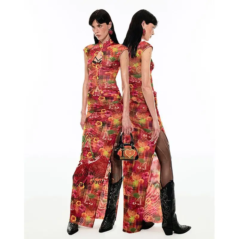 

New Chinese Sle Millennial Set Summer Fruit Theme Net Print Top Long Split Skirt Faionable Women's Ensemble