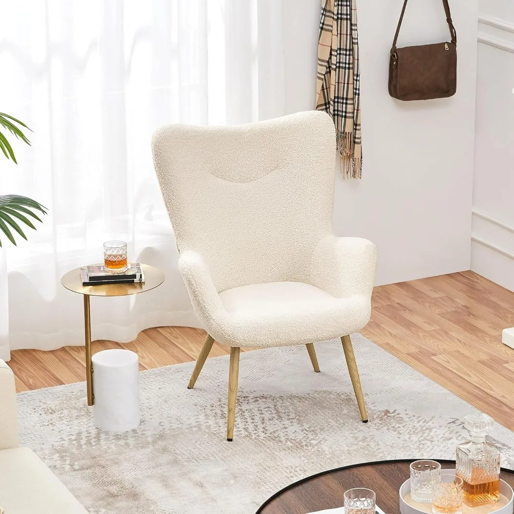 Vanity Chair, Modern Fluffy Accent Chair, Armchair with High Back and Wood-Tone Metal Legs, Downy Barrel Chair Soft Backrest