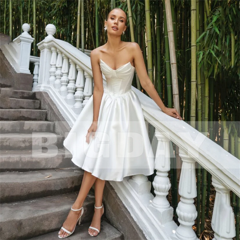 BIGDAY – robe De mariée trapèze plissée en Satin, col en v, sans manches, dos ouvert, à lacets, longueur thé, personnalisée