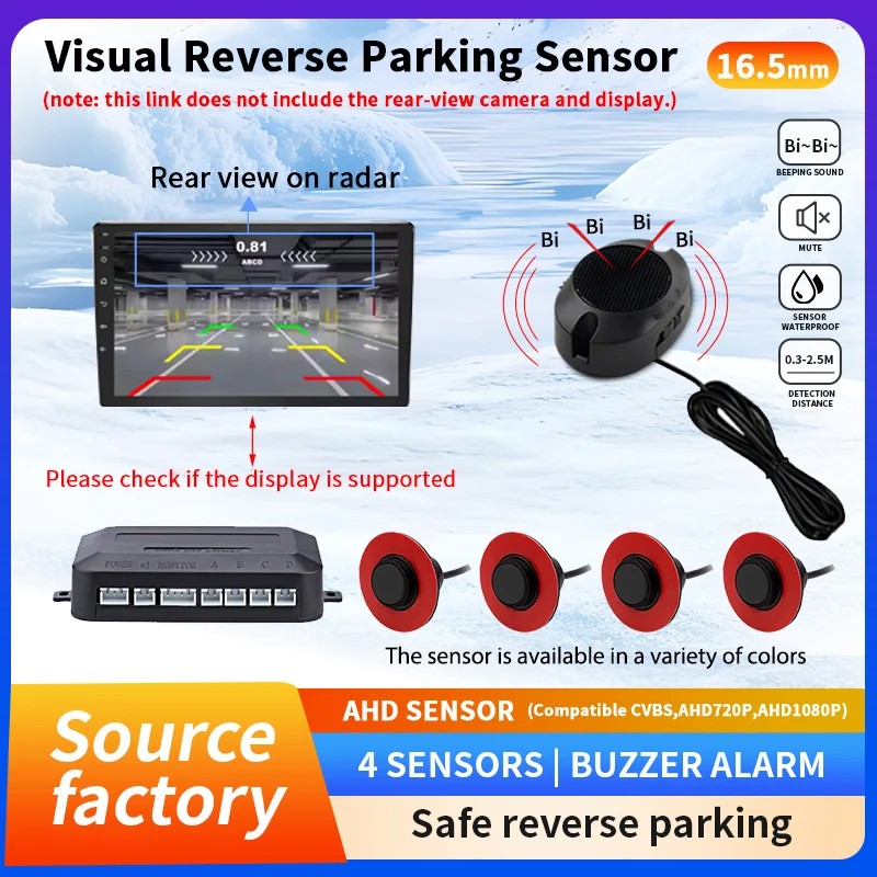 

Car Reverse Parking Sensor 4 AHD Sensors 16.5mm Compatible with CVBS/AHD1080P Sound & Silent Mode Vehicle Safety Alert System