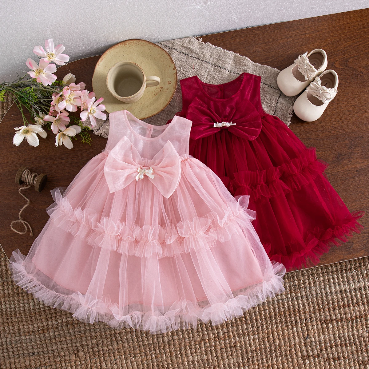 

Новое летнее платье принцессы для маленьких девочек, розовое платье без рукавов с жемчужным бантом, элегантное платье для дня рождения для девочек