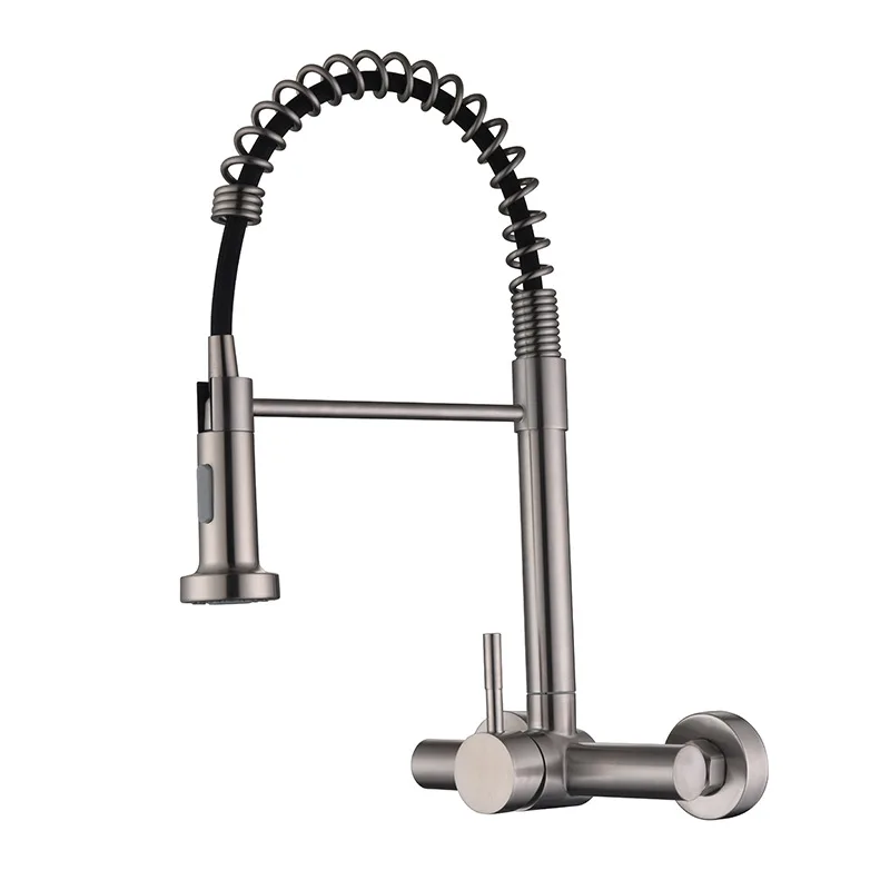 Wall Mounted Kitchen Faucet Brushed Nickel Spring Pull Out Sprayer Kitchen Tap 2 Modes Water Flow Single Handle Wall Mount Kitch