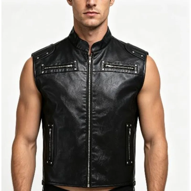 Men's motorcycle jacket, solid color design, for men riding motorcycles. PU sleeveless leather jacket.