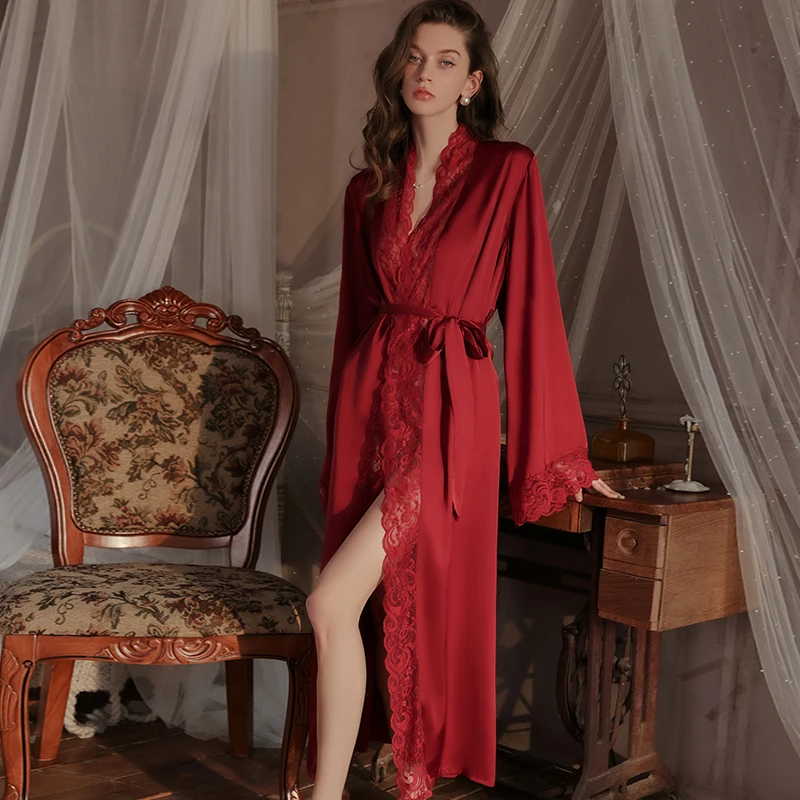 Sexy Pajamas Women's Bathrobes Silk Satin Long Red Court Style Sleepwear Bride Wedding Bridesmaid Girlfriend Dressing Gown