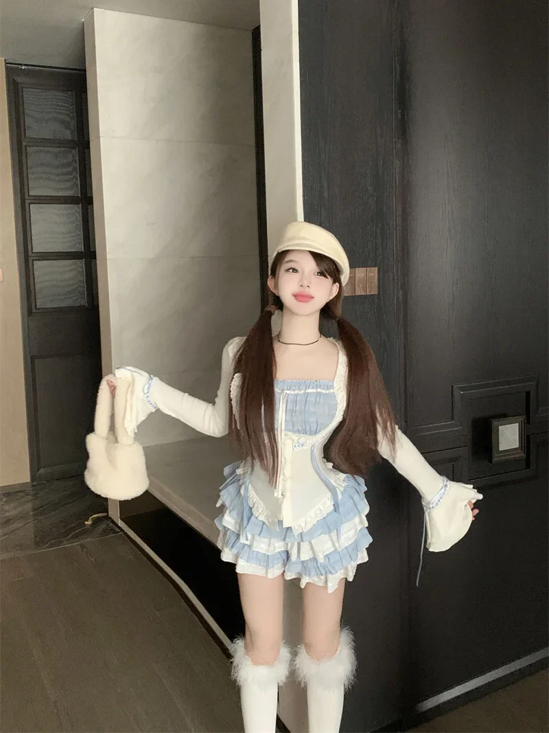 Outono kawaii lolita terno estilo japonês fino rendas topos + bodycon y2k mini saia moda bolo saia meninas festa 2 peça conjunto