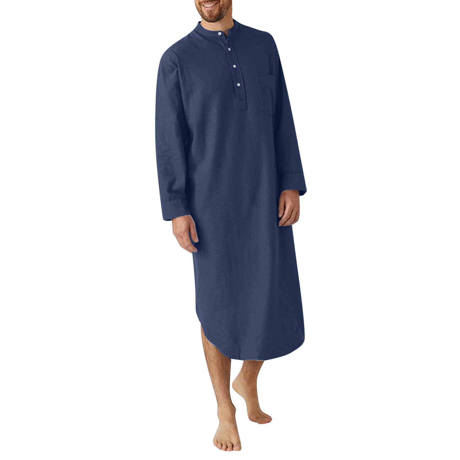 Men\'s Cotton Button-down Sleep Robe Solid Color Stand Neck Long Sleeve Nightgown Fashion Comfortable Home Wear Loose Bathrobe