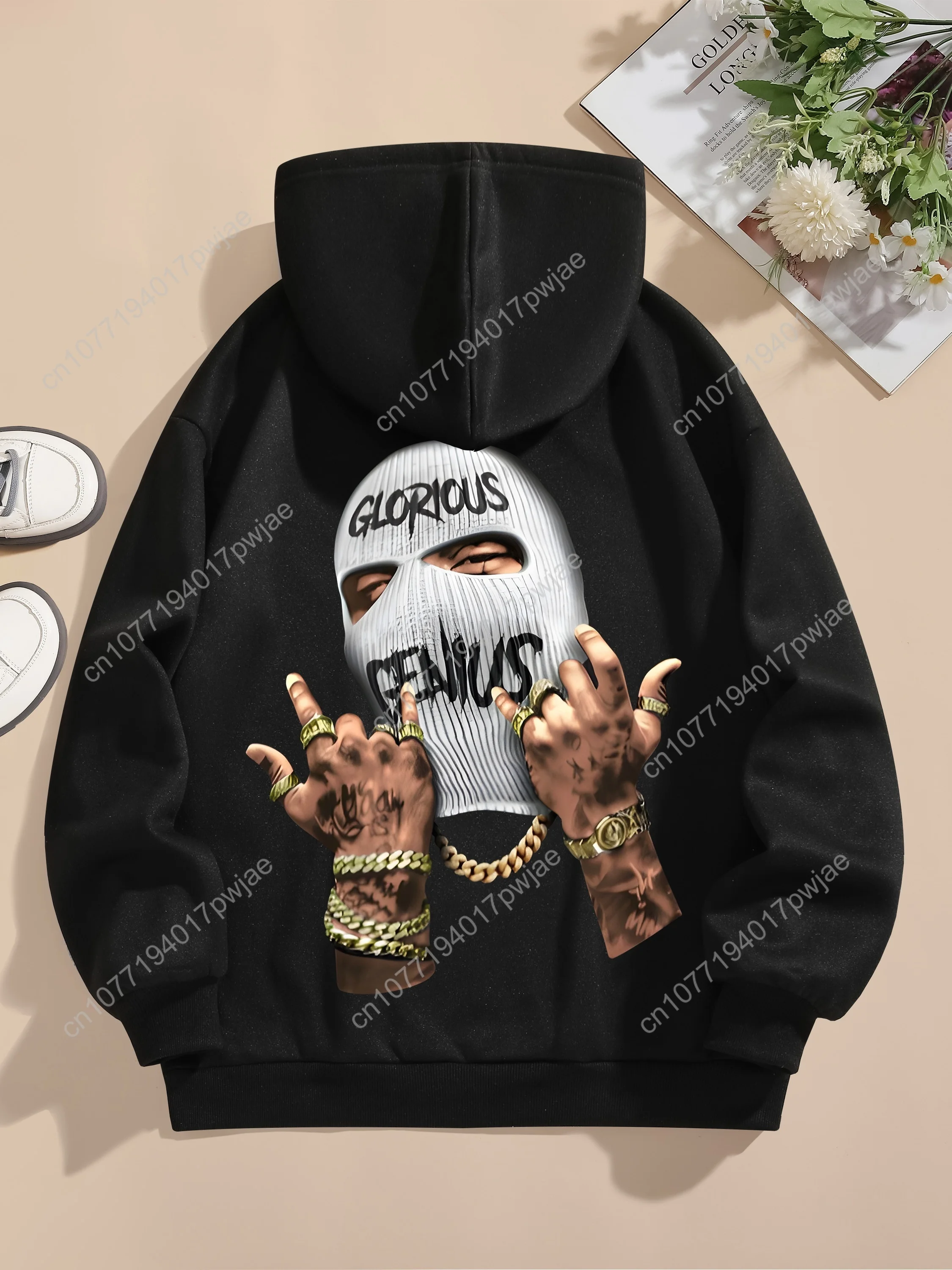 Bluza z kapturem z nadrukiem portretu, codzienna, z długim rękawem, z kieszenią typu kangur, odzież damska