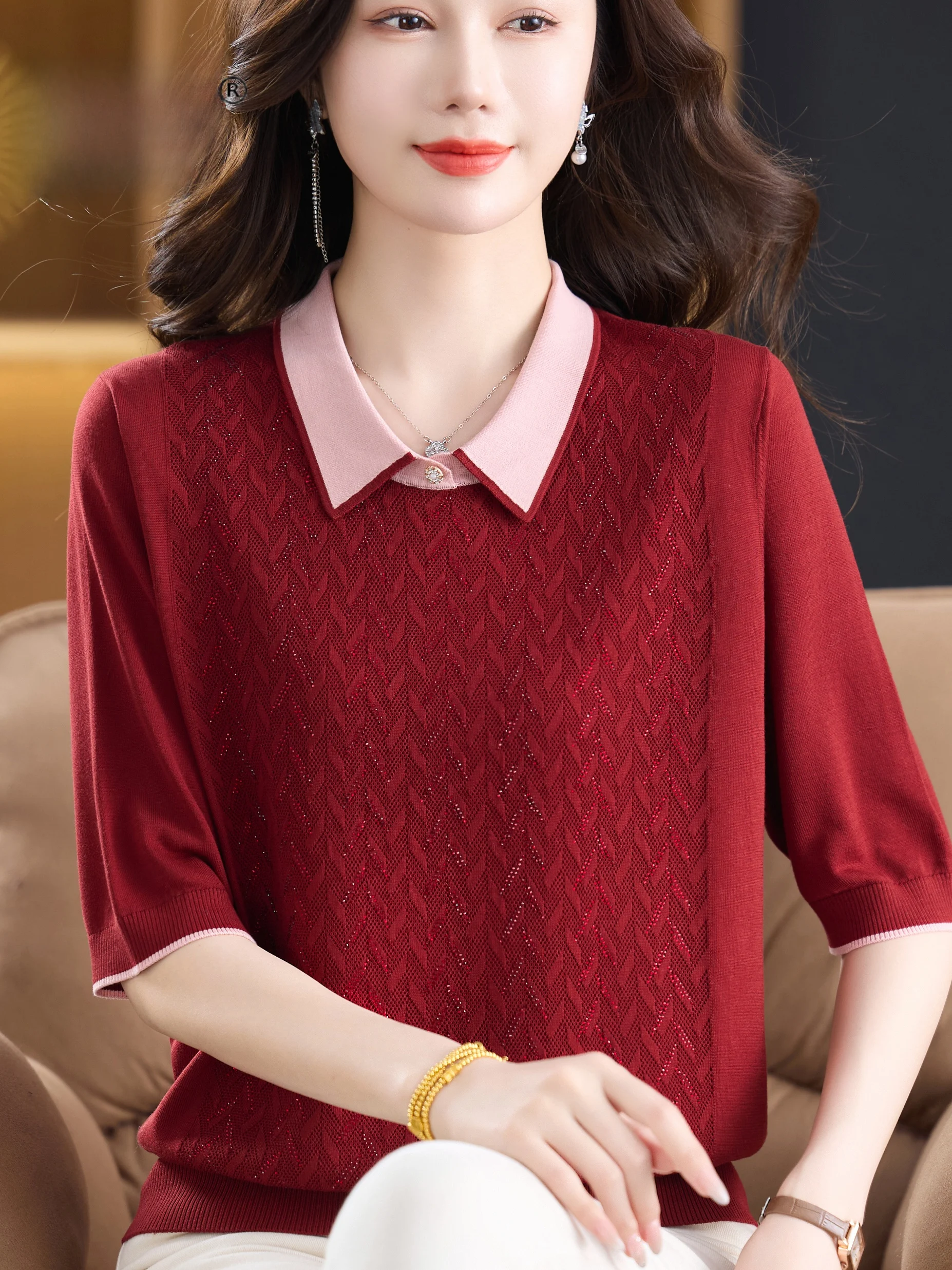 

Новая женская вязаная рубашка с коротким рукавом и отложным воротником из 100% лиоцелла, модная одежда для мам, коллекция 2026 года