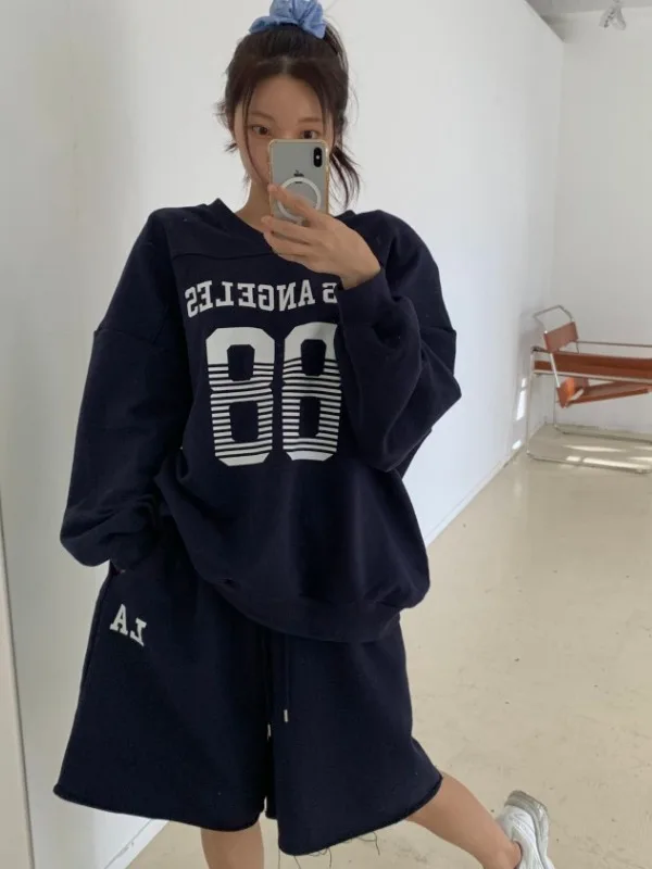 

Faionable Long Sve Loose Fit Sweatirt with Letter Print And Casual orts Two Piece Set for Women Autumn New Arrival