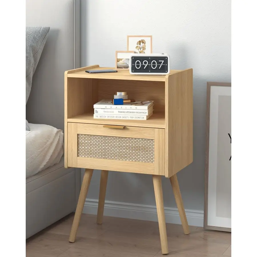 

Nightstand,Modern Bedside Table with Storage Drawer and Open Wood Shelf, for Living Room, Bedroom and Small Spaces, Accent Night
