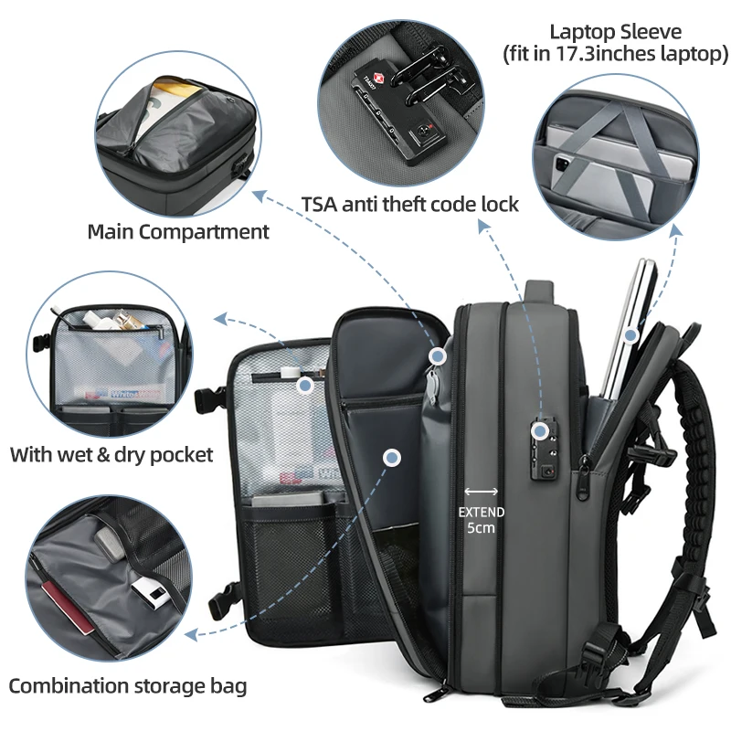 Men Travel Backpack Vacuum Compression 17 inch Laptop Backpack Business Large Capacity Camp Backpack Expanded Hiking Backpack