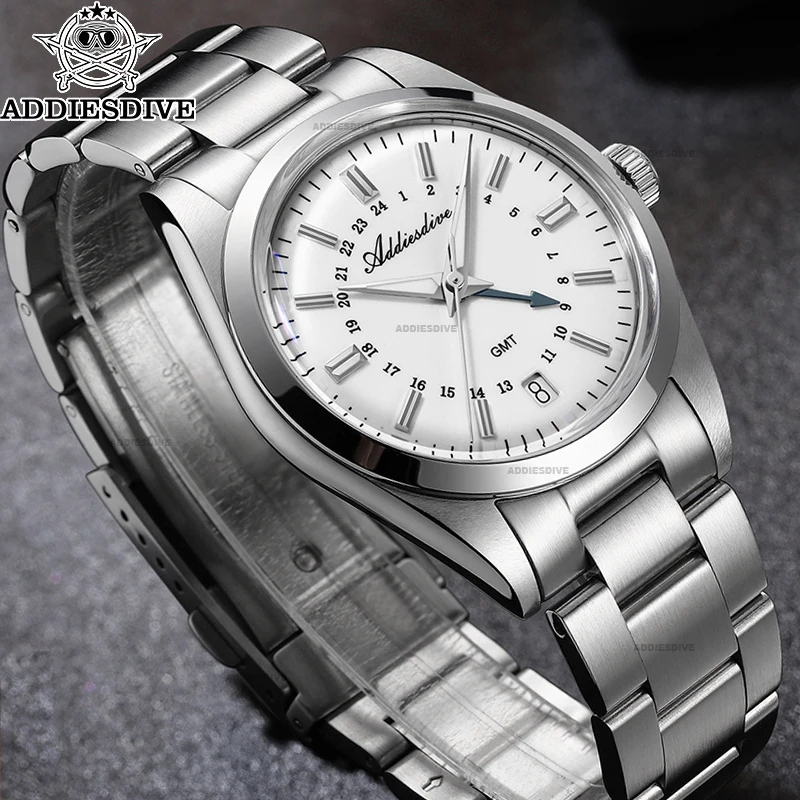 ADDIESDIVE 36mm Man GMT Quartz Watch Waterproof 100m BGW9 Super Luminous Bubble Glass Wristwatch Fashion Stainless Steel Watches