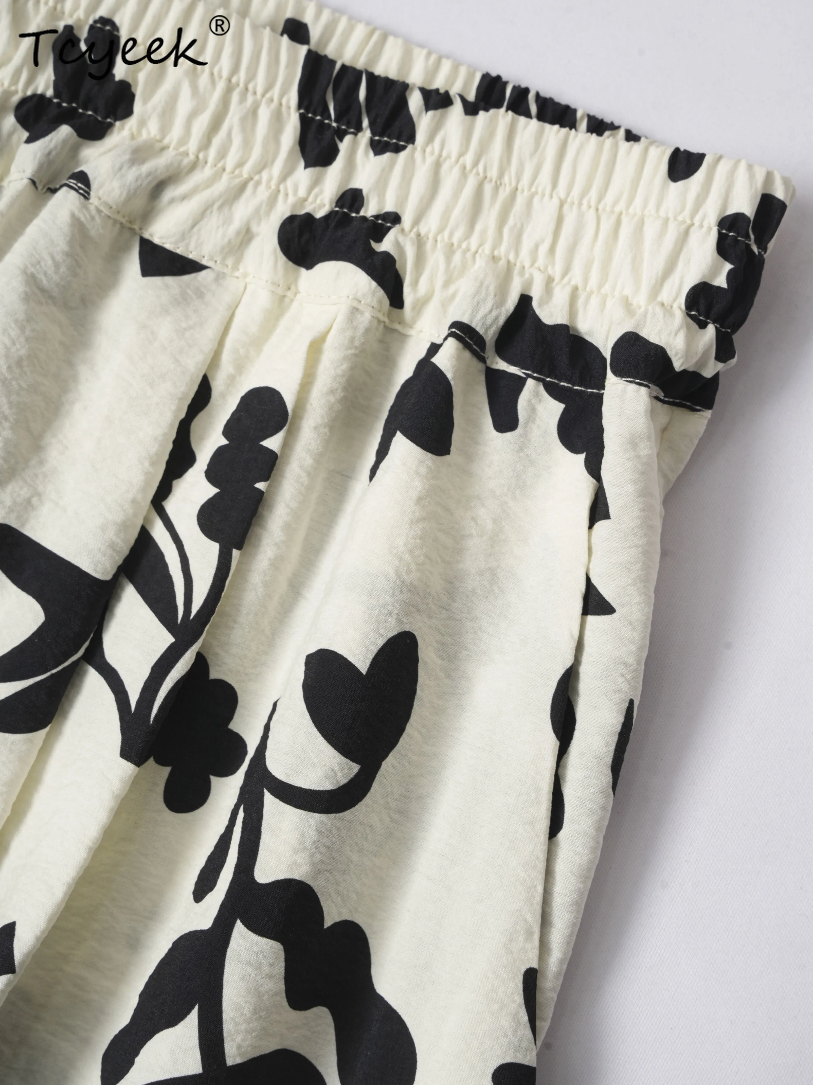 Tcyeek 76% マルベリーシルク 24% ナイロン夏ワイドパンツハイウエストストレートレッグ花柄ルーズ女性のパンツ Брюки Женские Летние