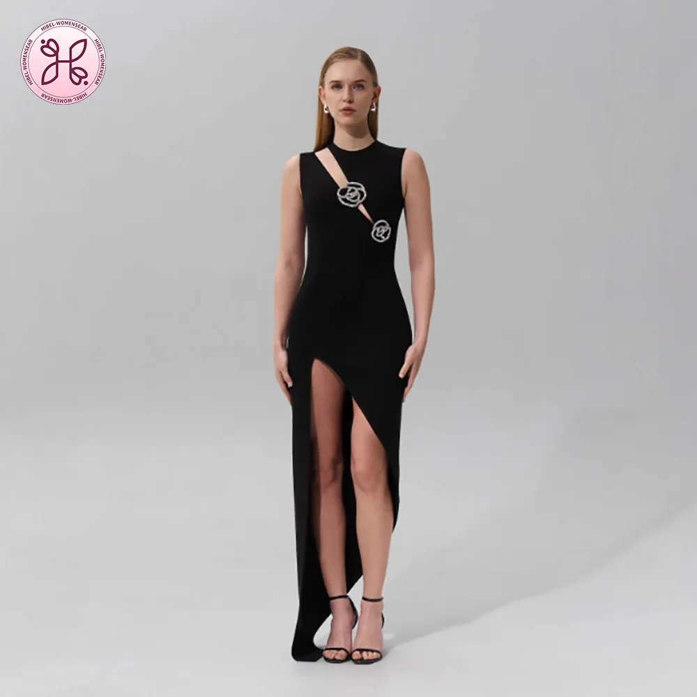 2025 vestido de noite preto de luxo – vestido sem mangas rosa com fenda alta (roupas formais elegantes femininas no atacado)