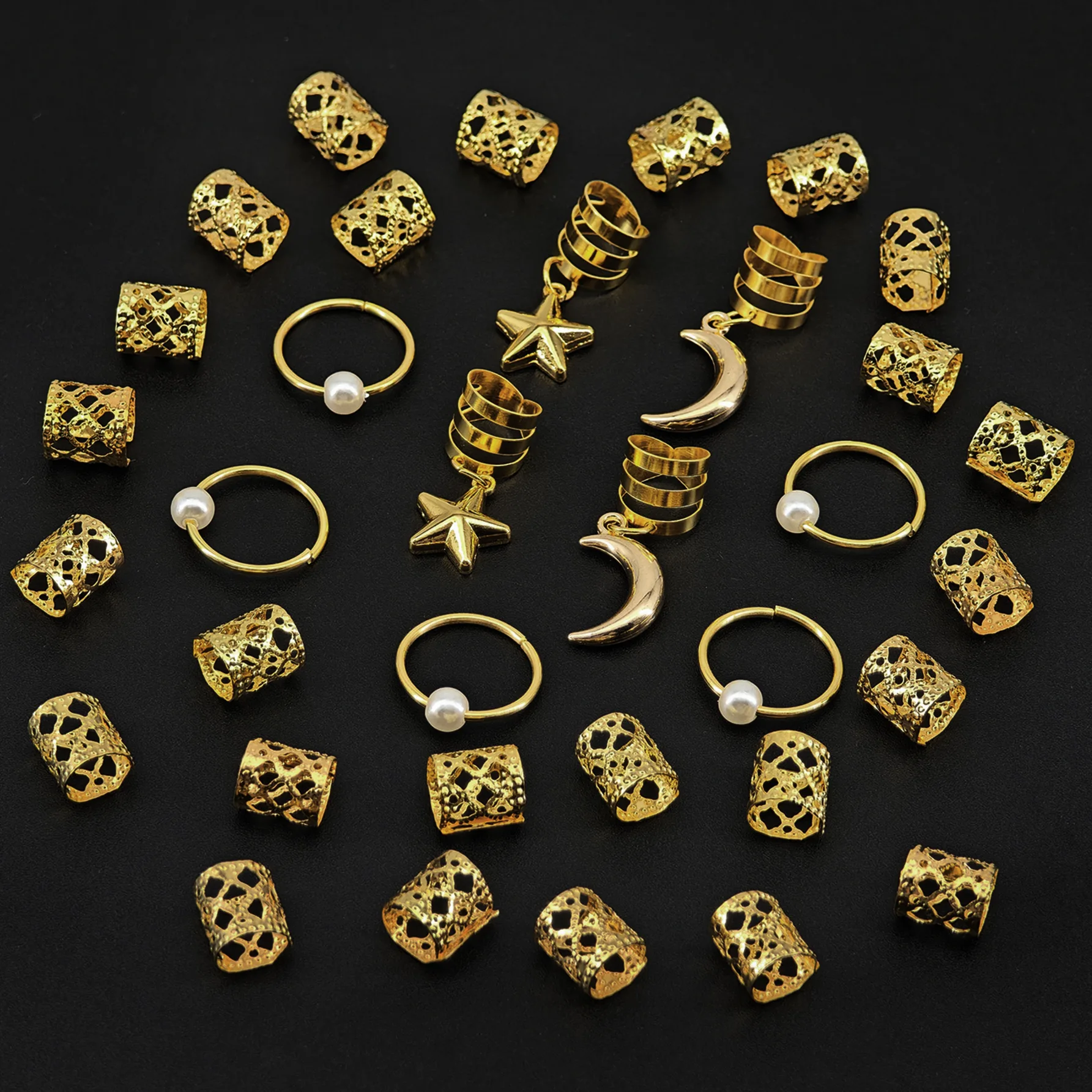 Juego grande de 34 Uds. De anillos para el cabello combinados con forma de estrella y Luna para rastas y trenzas, accesorios para el cabello para Cosplay y joyería para rastas de Festival