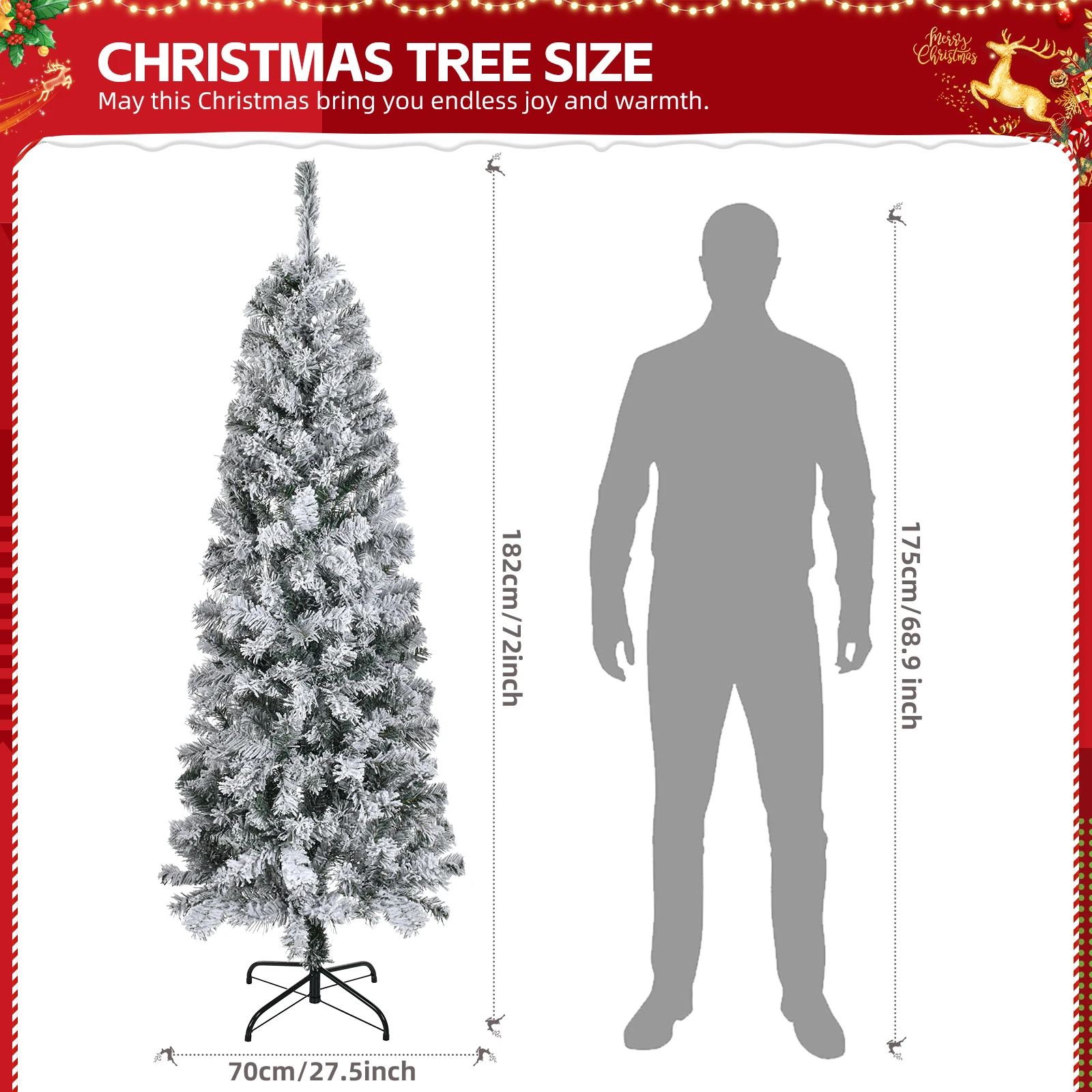 6 FT Snow Flocked Hinged Christmas Tree, Artificial Pencil Christmas Tree, Unlit Artificial Christmas Pine Tree