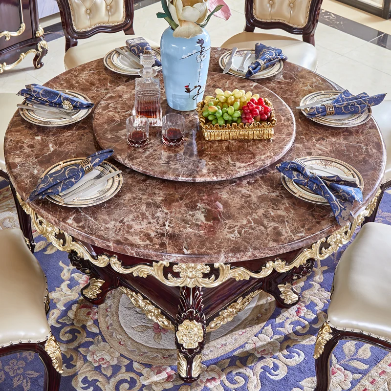 European style marble dining table and chair combination solid wood villa hotel grand round table American neoclassical