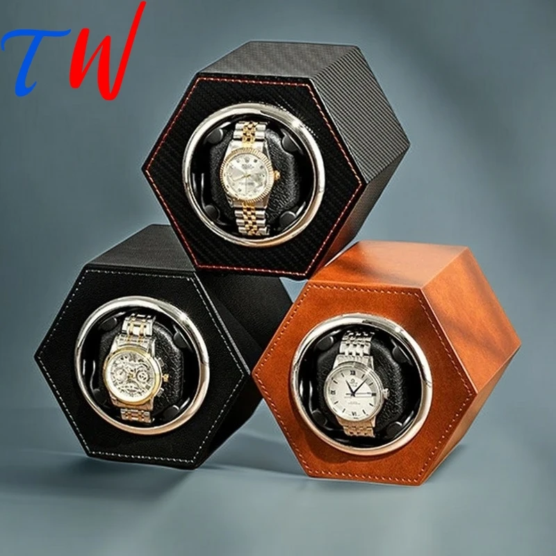 Personalized Custom Logo Hexagon Pu Leather Watch Winders Single Watches Box Used Compact Household Series Connection Interface