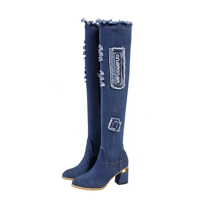 Bottes longues en jean à pampilles pour femmes, chaussures au-dessus du genou, chaussures à talons hauts pour femmes, bottes d'optique pointues, décontracté, automne