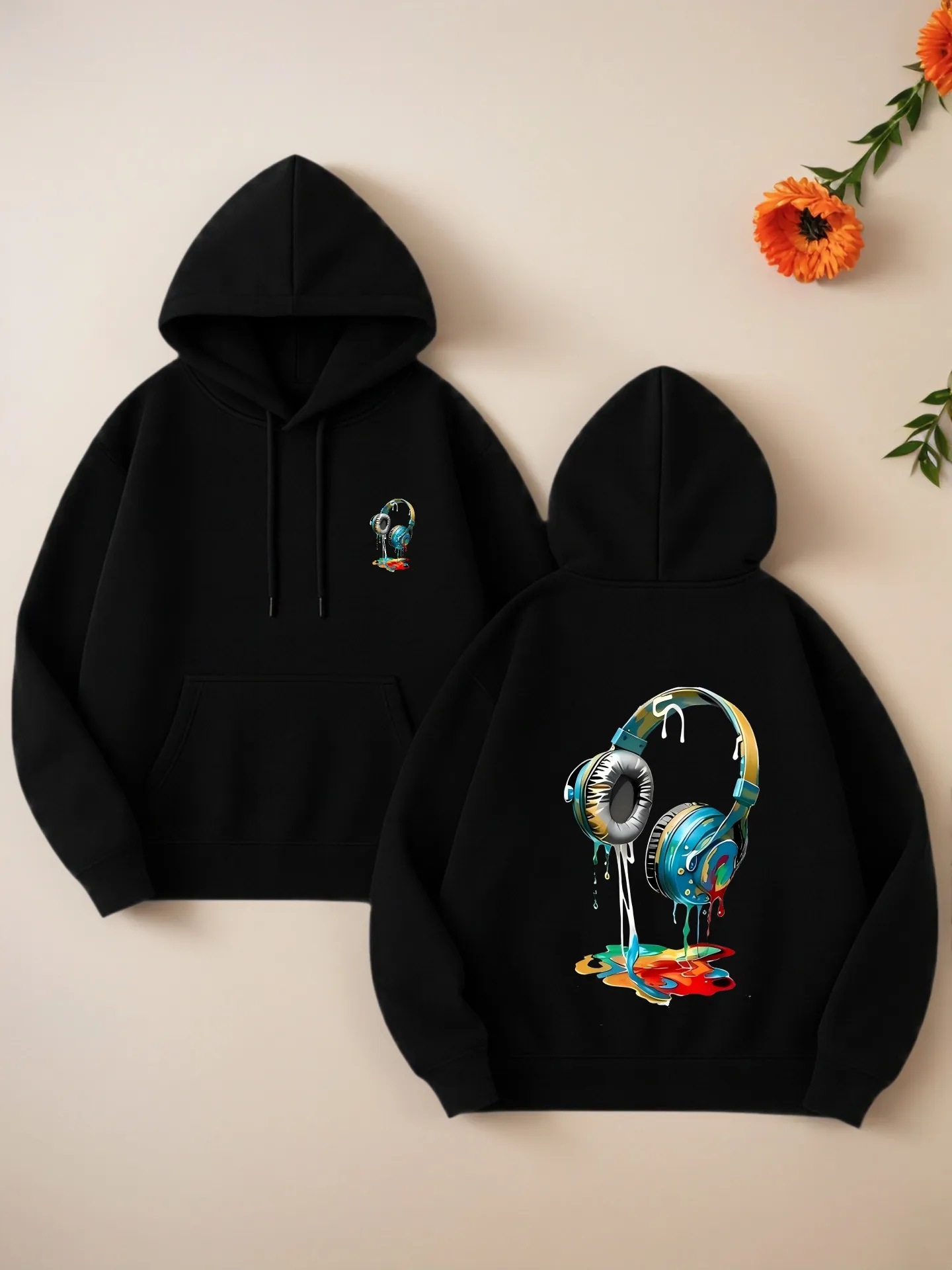 Grafische hoodie dames, hoofdtelefoon - print esthetisch ontwerp, casual dagelijks gebruik, zachte stof, voor tieners