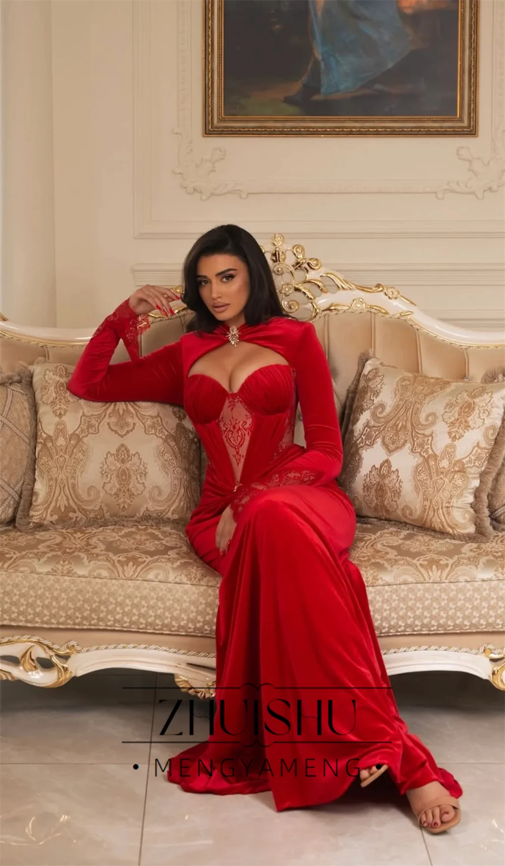 ZHUISHU Elegant Red Lace Mermaid Evening Dresses Long Sleeves Sweetheart Pleat Evening Party Dress Customized Vestido De Festa