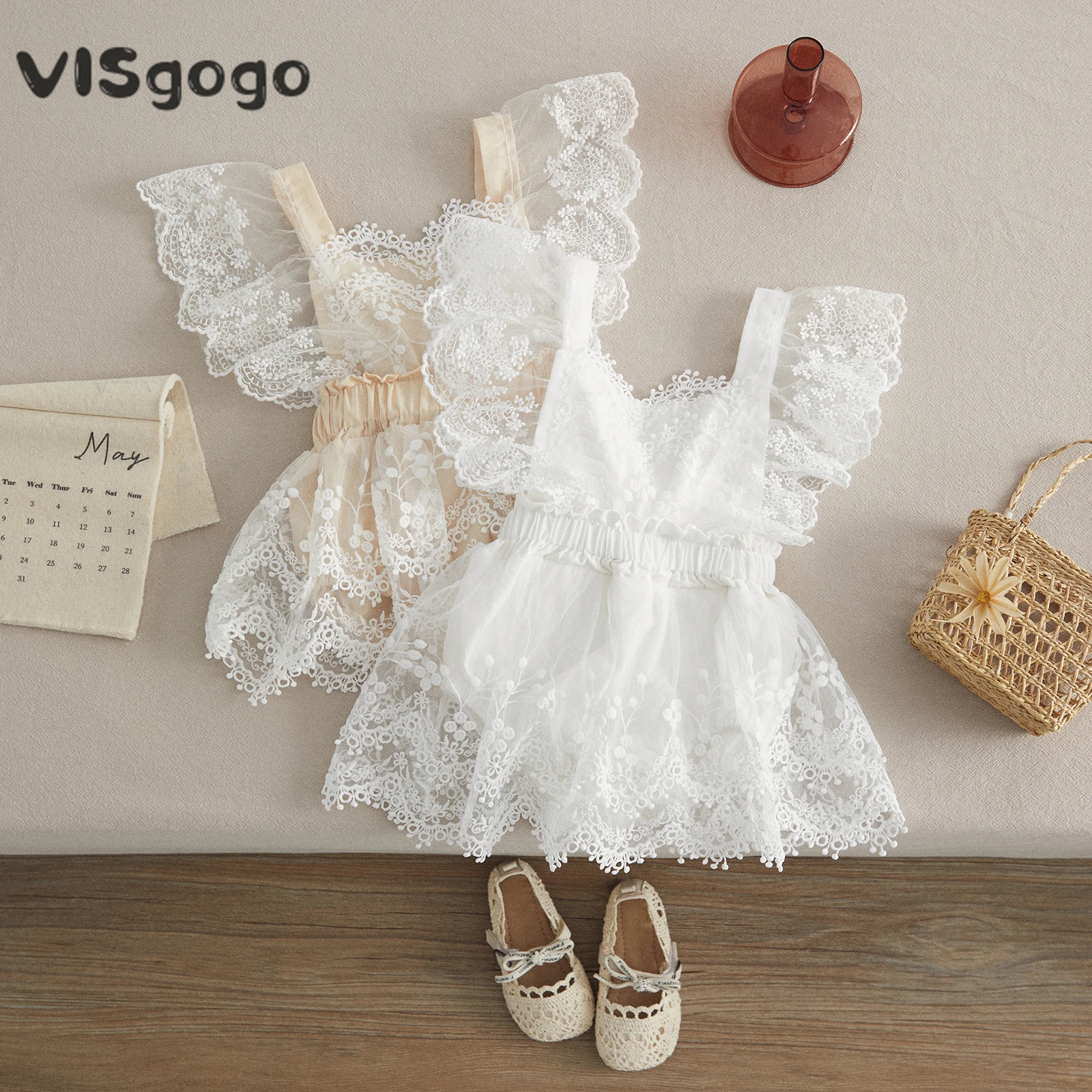 VISgogo Baby Girl Embroidery Romper Baby Summer Princess Clothes Fly Sleeve Square Neck Ruffle Lace Dress with Crotch Buttons