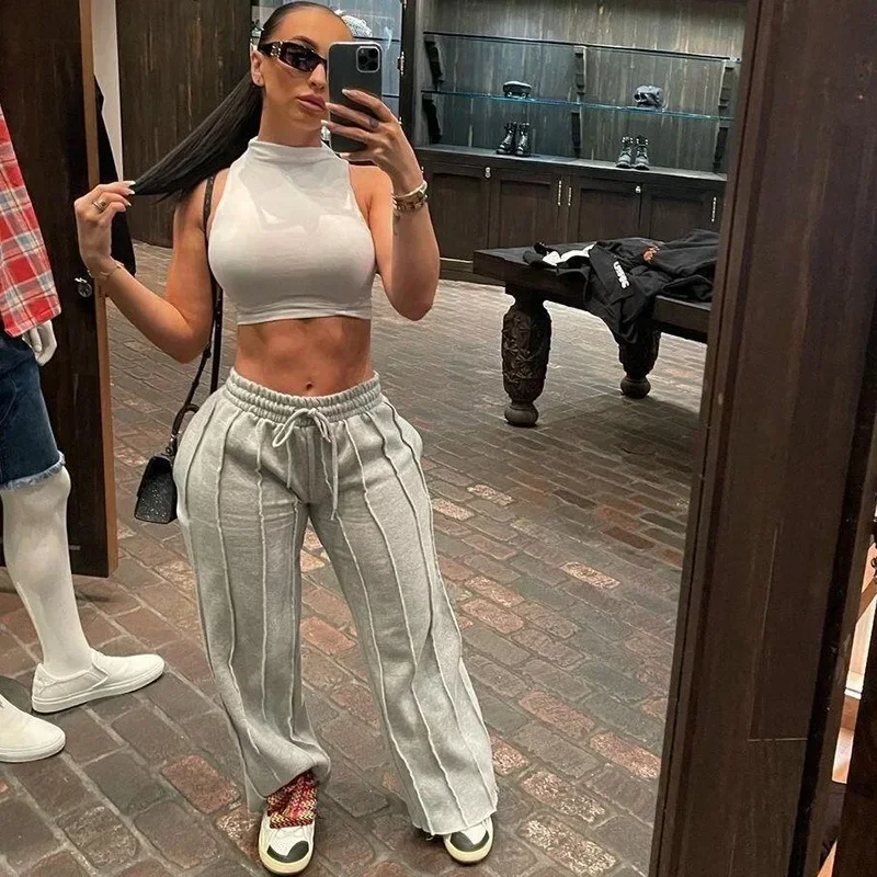 Damskie spodnie dresowe Moda Hip Hop Luźne Spodnie w Paski Plisowane Spodnie Vintage Estetyczne Patchworkowe Joggersy Casualowe Spodnie Sportowe Y2k