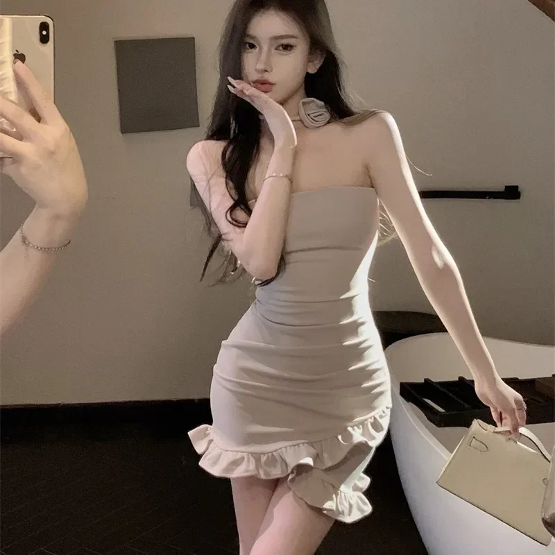 Off-shoulder Dresses Women Strapless Ruffles Chic Sexy Spicy Girls Korean Fashion Hip-covering Defined Waist Mujer Streetwear