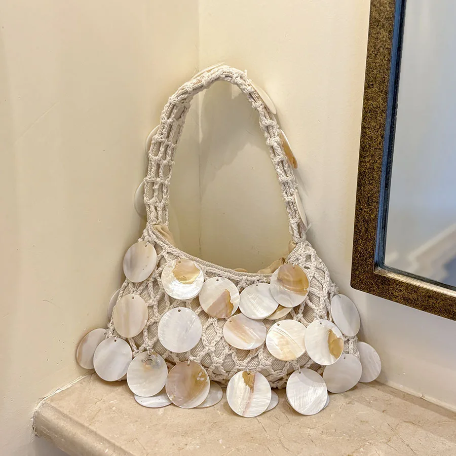 Luxury Shell Mesh Bags for Women Handbag Half Moon Sequin Cloud Bag Elegant Rope Woven Shoulder Bags Party Wedding Evening Bag