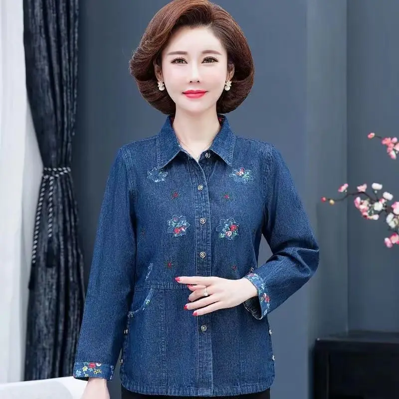 

Middle Aged And Elderly Women's Denim Shirts Tops 2023 Spring Autumn Casual Long Sleeve Floral Printed Blouse 4XL